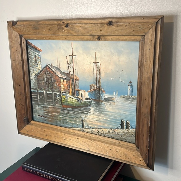 Original Max Savy Seascape Marina Lighthouse Fishing Village Framed Oil Painting - Picture 7 of 7